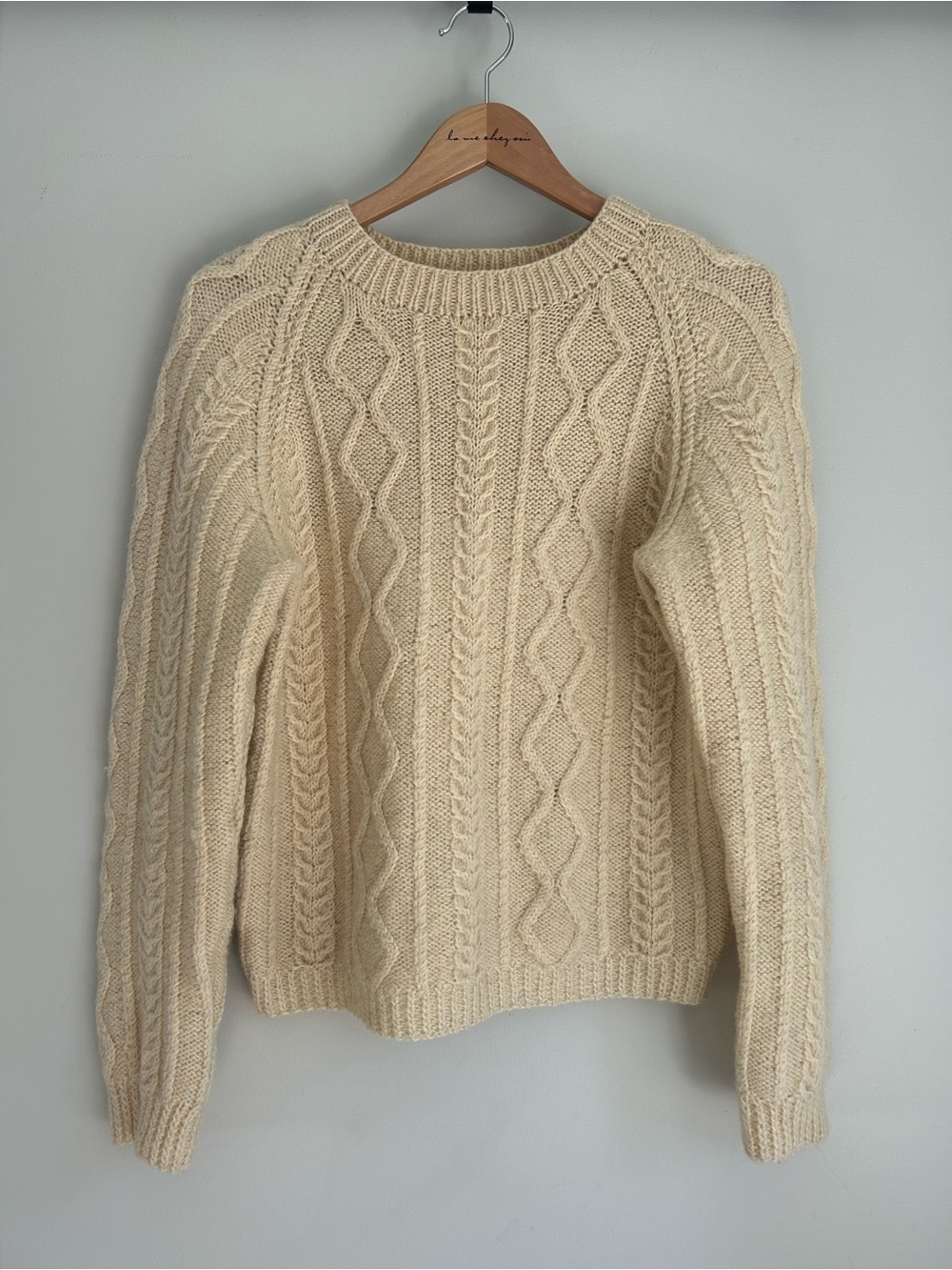 Vintage Hand Knit Crew Neck Cable Knit Mid weight Wool Fisherman Sweater